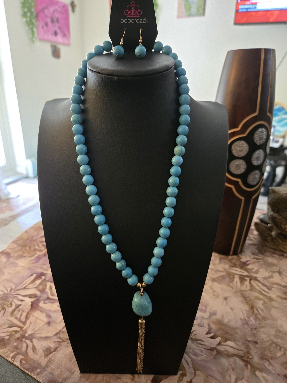 paparazzi Turquoise Beaded Tassel Necklace and Earrings